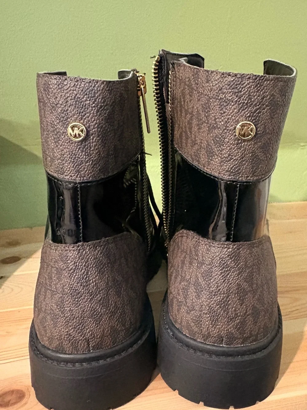 Michael Kors Black Patent Lace-Up Combat Boots with Gold Accents